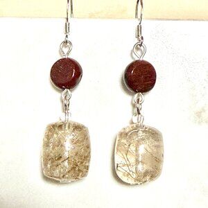 2/$20, Genuine Golden Rutilated Quartz Gemstone Sterling Silver Hook Earrings